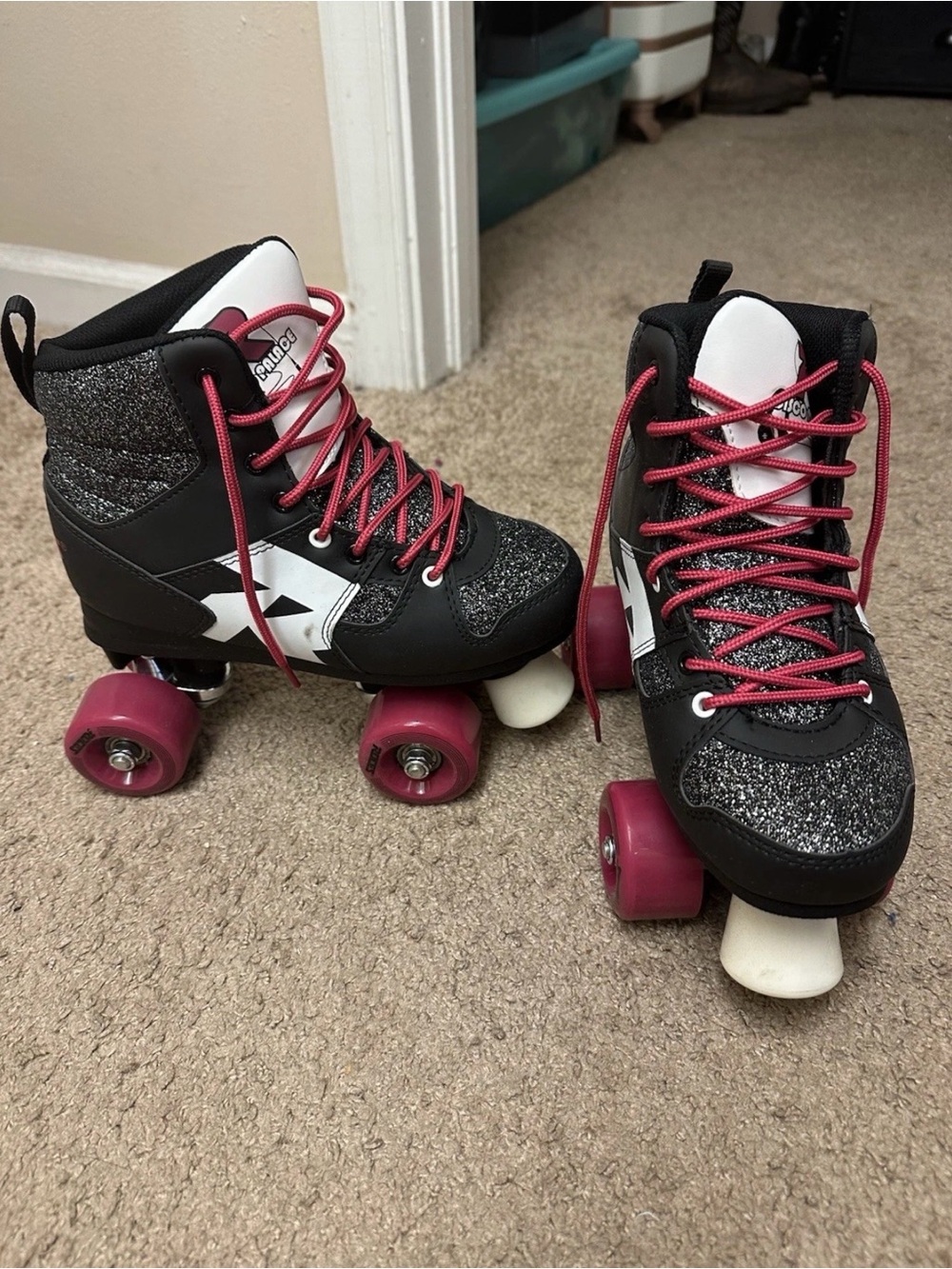 Women's Black Glitter Roller Skates with Pink Accents